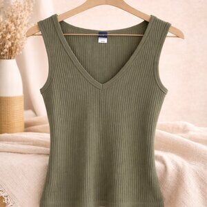 Olive Green Ribbed V-Neck Tank